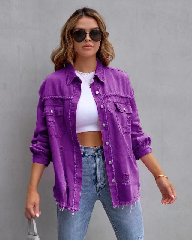 Women’s Jacket - Fashion Ripped Shirt Jacket Female Autumn And Spring Casual Tops Womens Clothing