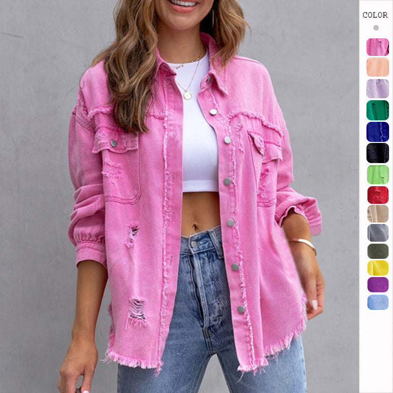 Women’s Jacket - Fashion Ripped Shirt Jacket Female Autumn And Spring Casual Tops Womens Clothing