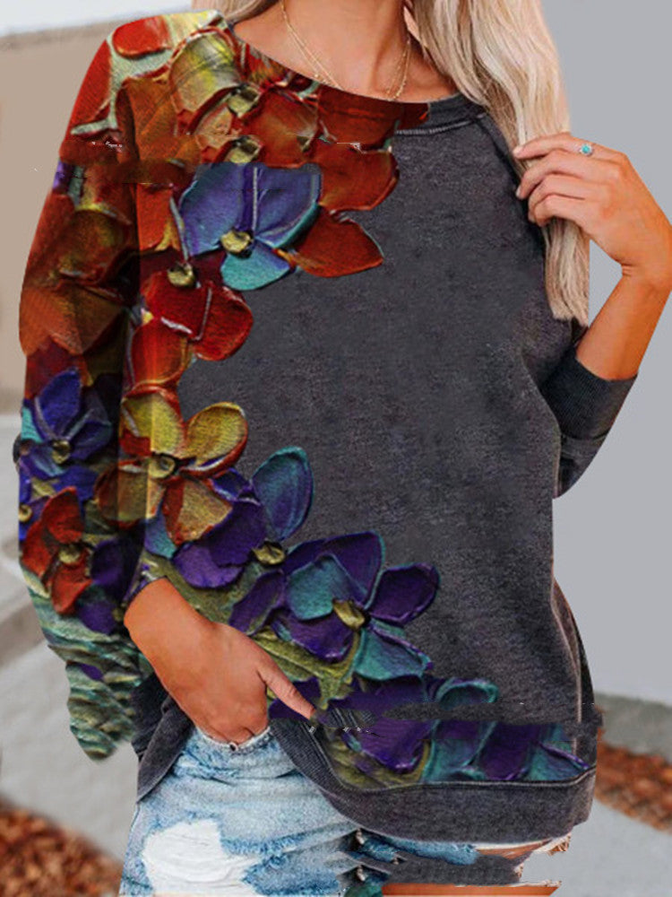 Women’s Long sleeve Tshirt -  Urban Casual Colorful Printed Long Sleeve Round Neck Pullover T-shirt