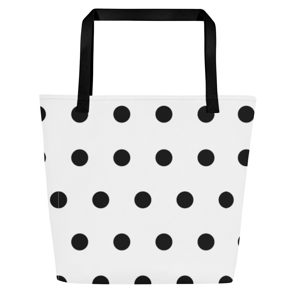 All-Over Print Large Tote Bag white with black pokadots