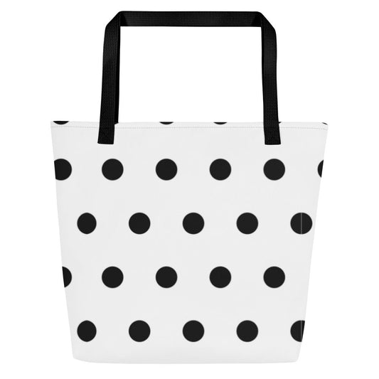 All-Over Print Large Tote Bag white with black pokadots