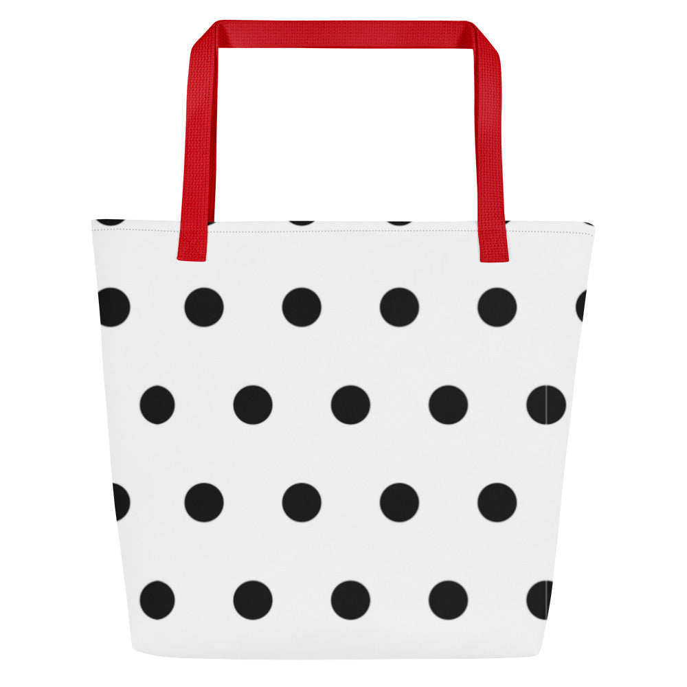 All-Over Print Large Tote Bag white with black pokadots