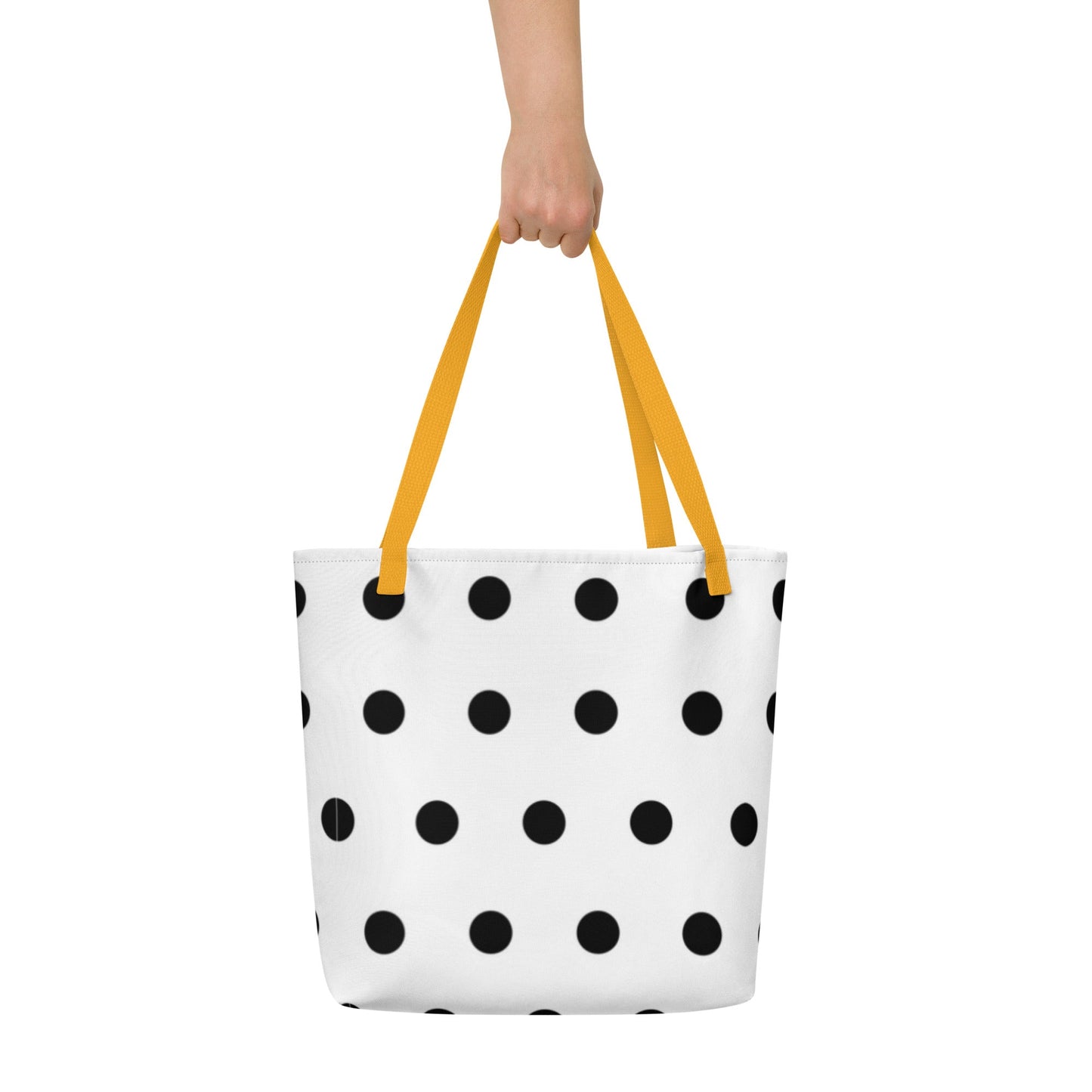 All-Over Print Large Tote Bag white with black pokadots