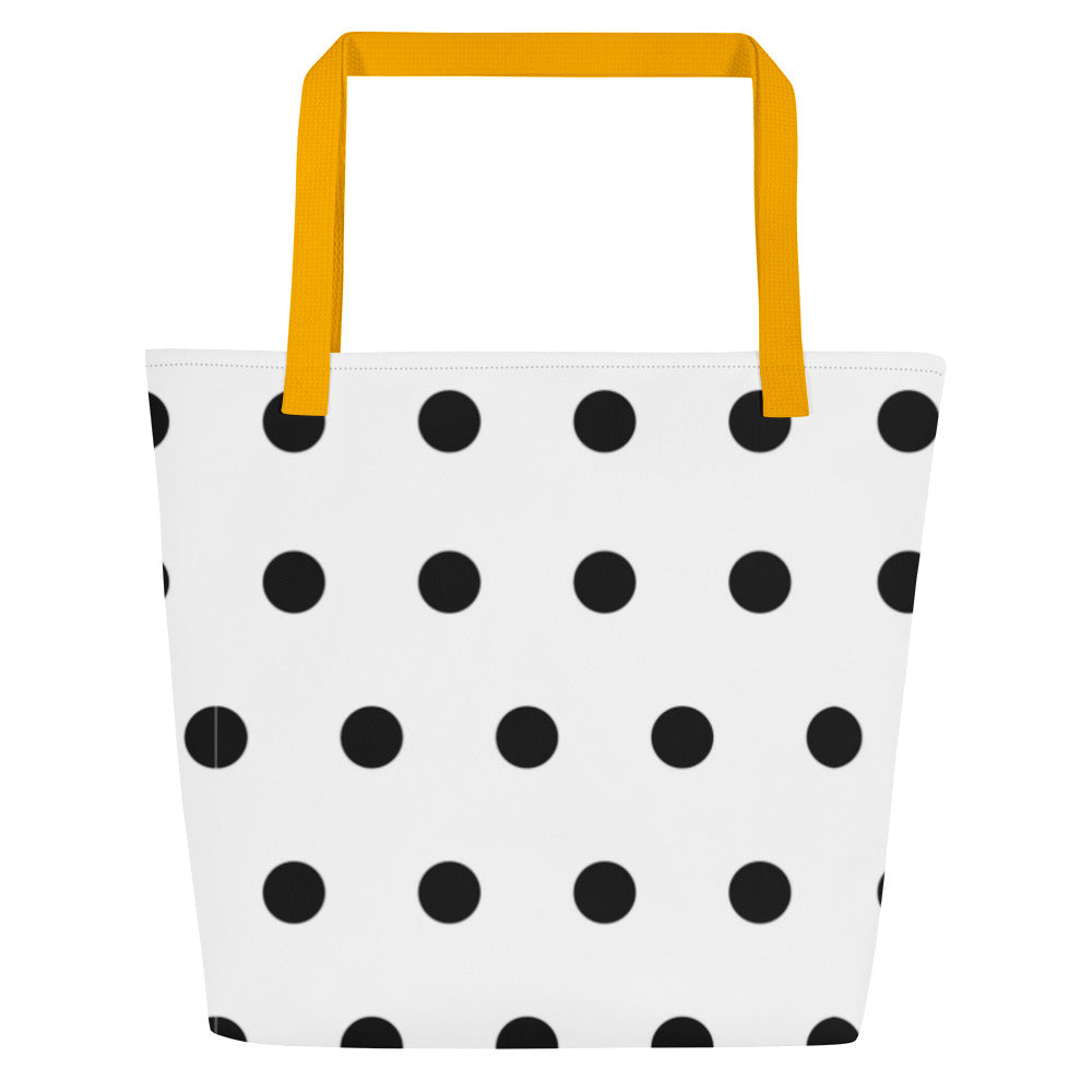 All-Over Print Large Tote Bag white with black pokadots