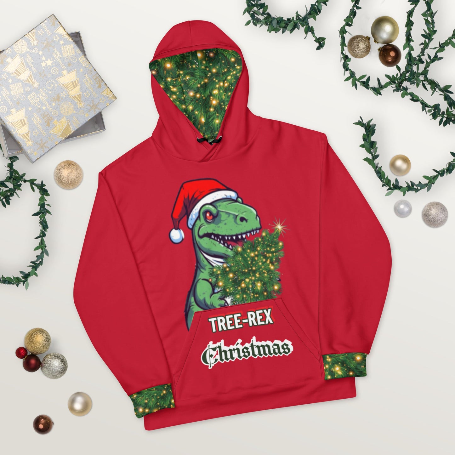 Unisex Hoodie - Tree-Rex Christmas in red