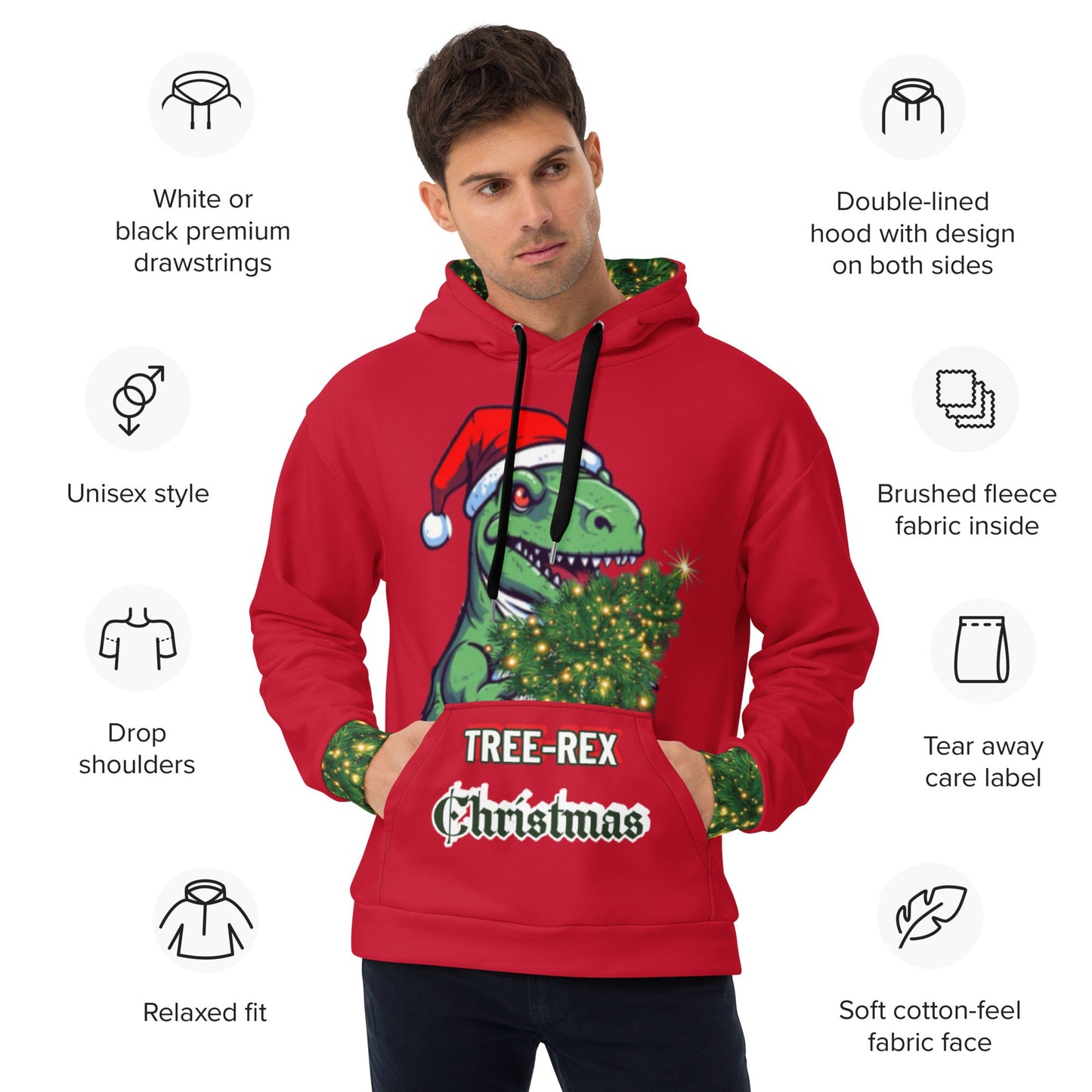 Unisex Hoodie - Tree-Rex Christmas in red
