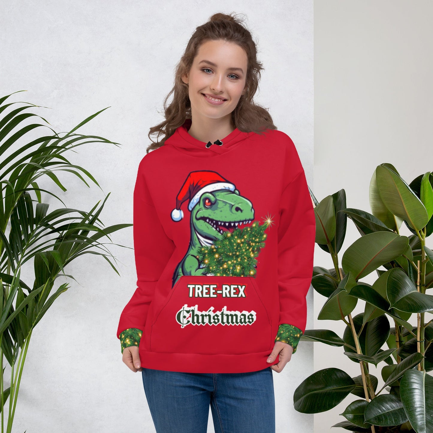 Unisex Hoodie - Tree-Rex Christmas in red