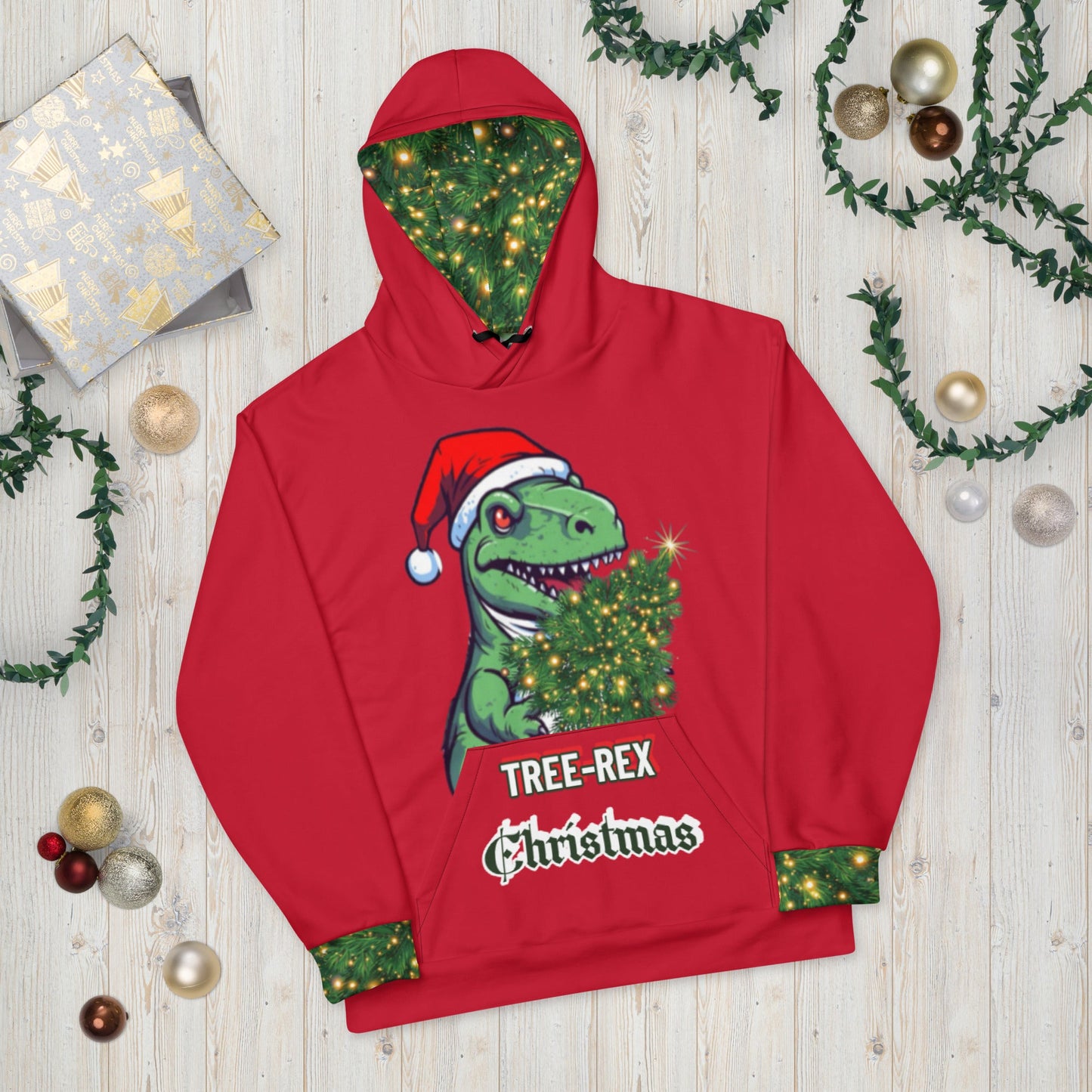Unisex Hoodie - Tree-Rex Christmas in red