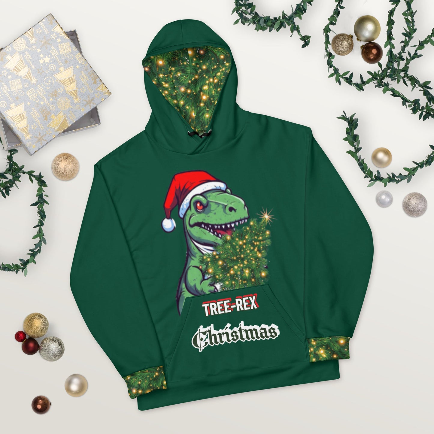 Unisex Hoodie - Tree Rex Christmas design in green