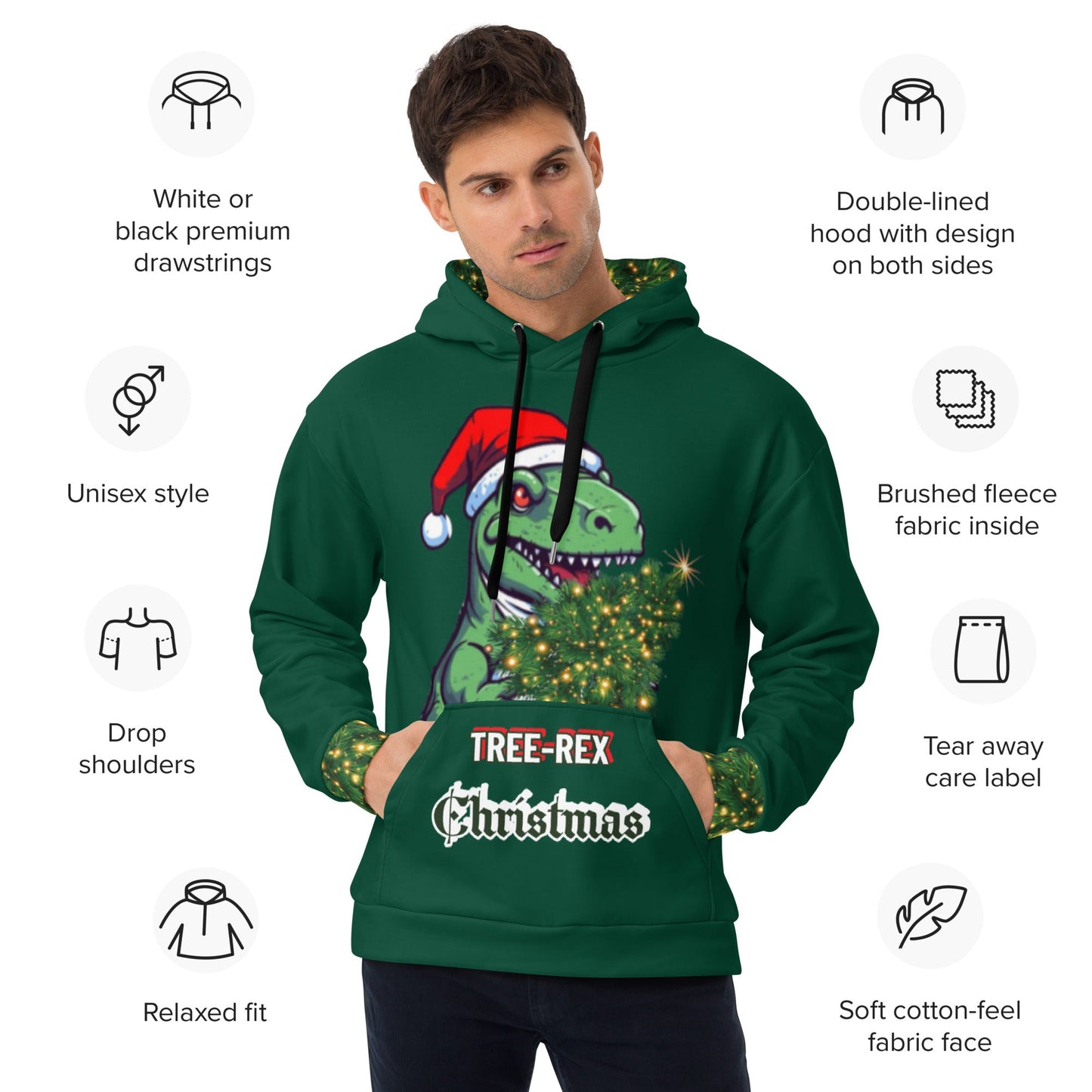 Unisex Hoodie - Tree Rex Christmas design in green
