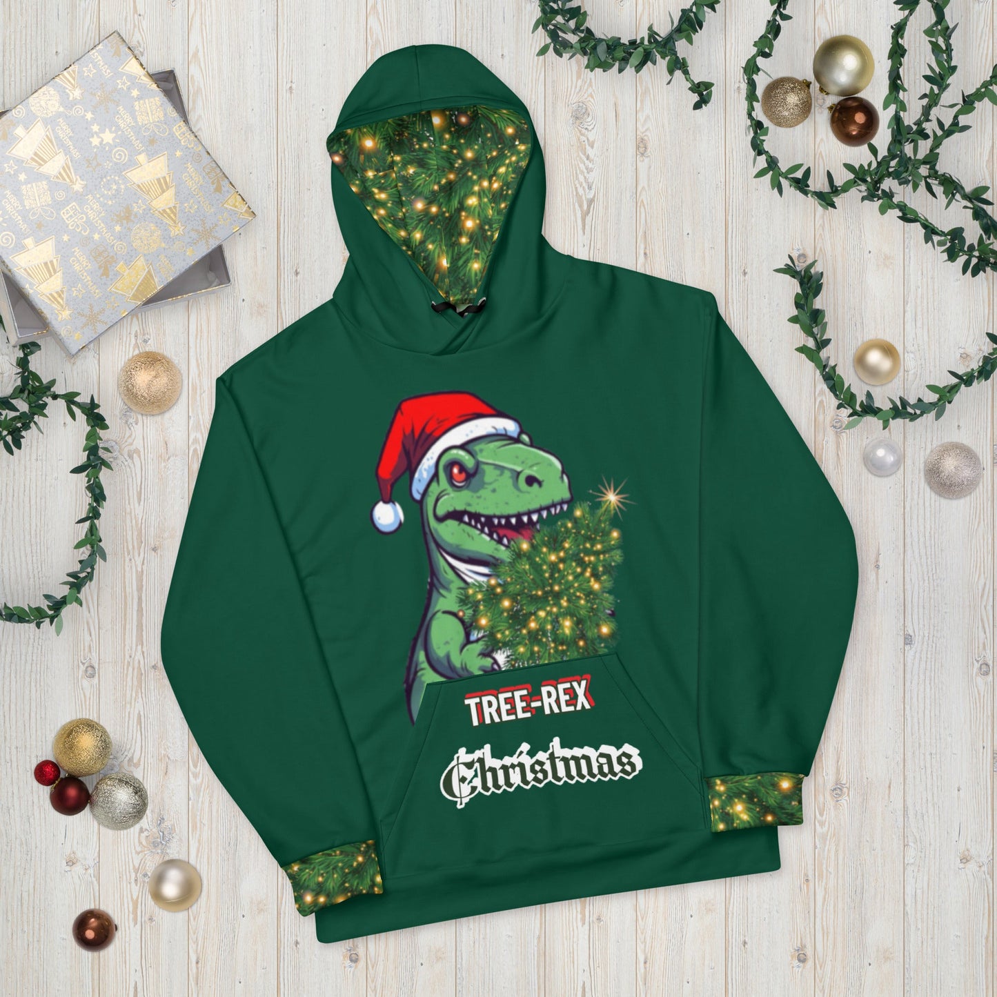 Unisex Hoodie - Tree Rex Christmas design in green