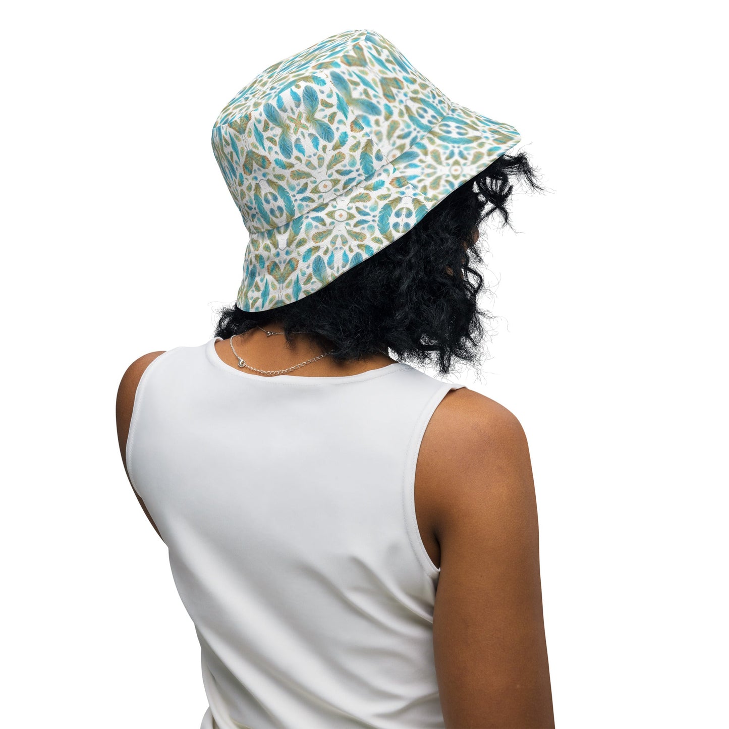 Reversible bucket hat spring green leaves with feathers on reverse design no. 1