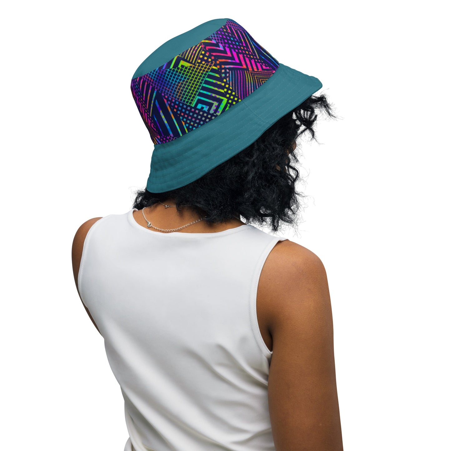 Reversible bucket hat geometric colorful lines with green on reverse design no. 1