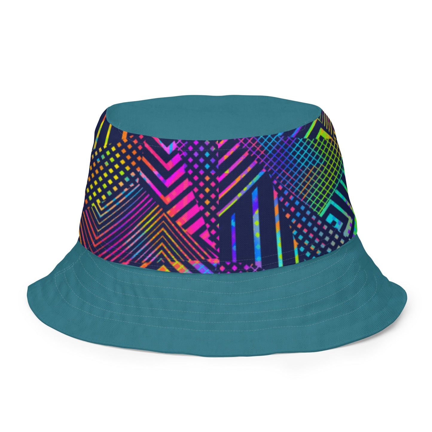 Reversible bucket hat geometric colorful lines with green on reverse design no. 1