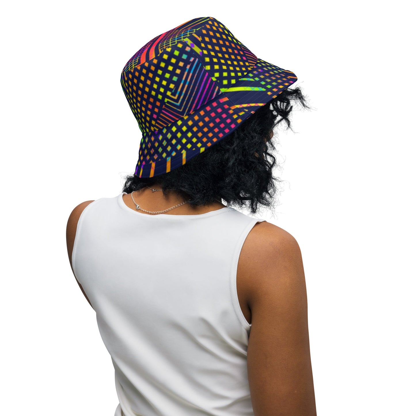 Reversible bucket hat geometric colorful lines with green on reverse design no. 1