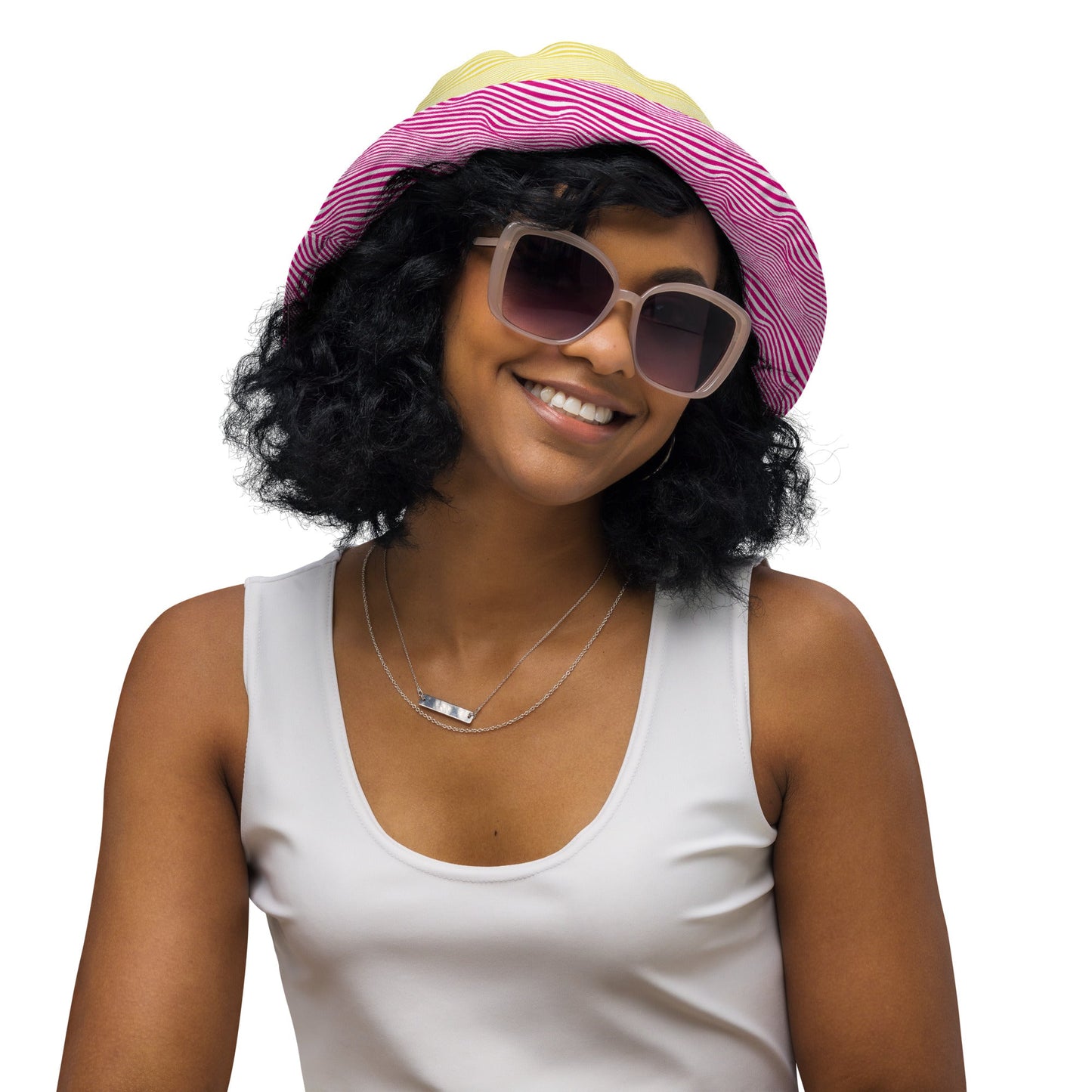 Reversible bucket hat spring pink and yellow design no. 1
