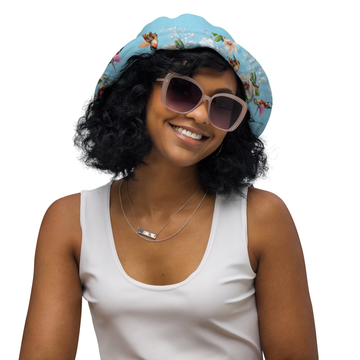 Reversible bucket hat hummingbirds design no. 1 with light blue reverse