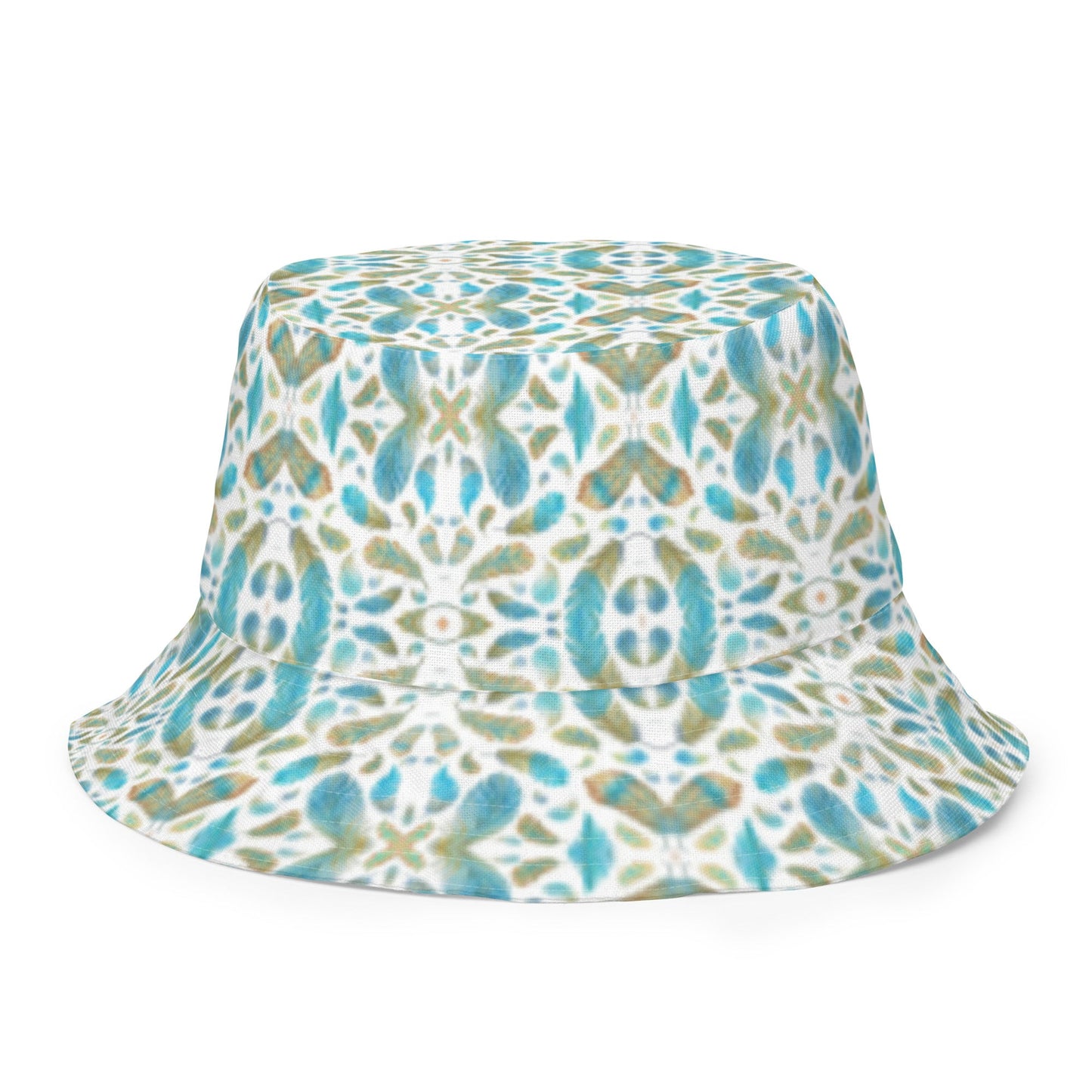 Reversible bucket hat spring green leaves with feathers on reverse design no. 1