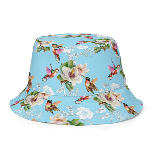 Reversible bucket hat hummingbirds design no. 1 with light blue reverse
