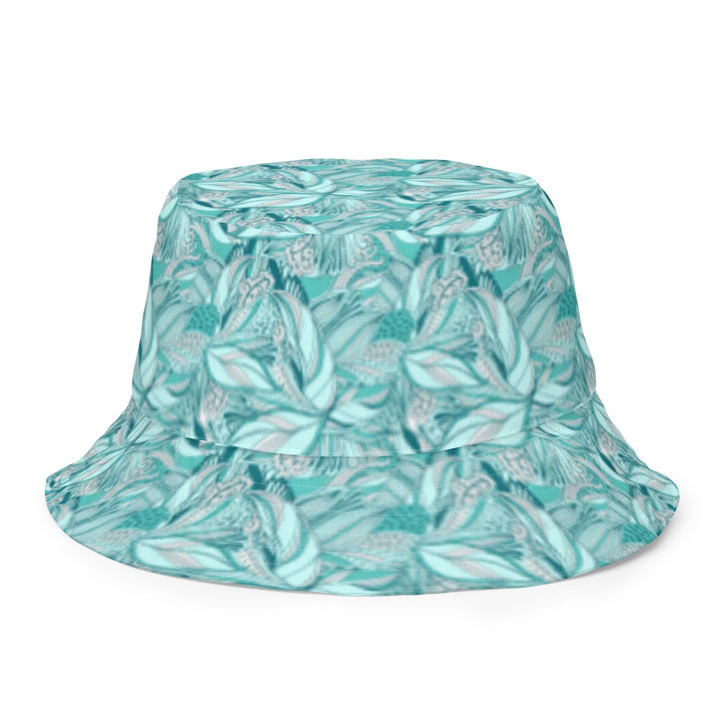 Reversible bucket hat spring green leaves with feathers on reverse design no. 1