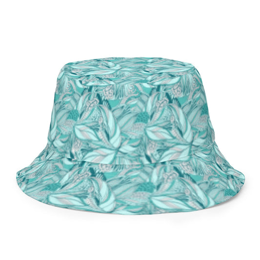 Reversible bucket hat spring green leaves with feathers on reverse design no. 1