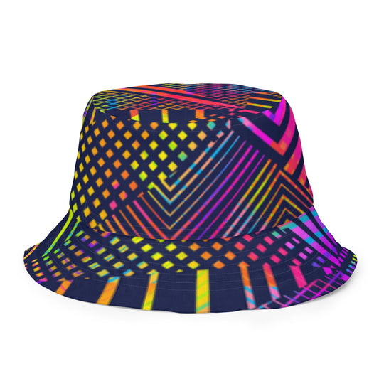Reversible bucket hat geometric colorful lines with green on reverse design no. 1