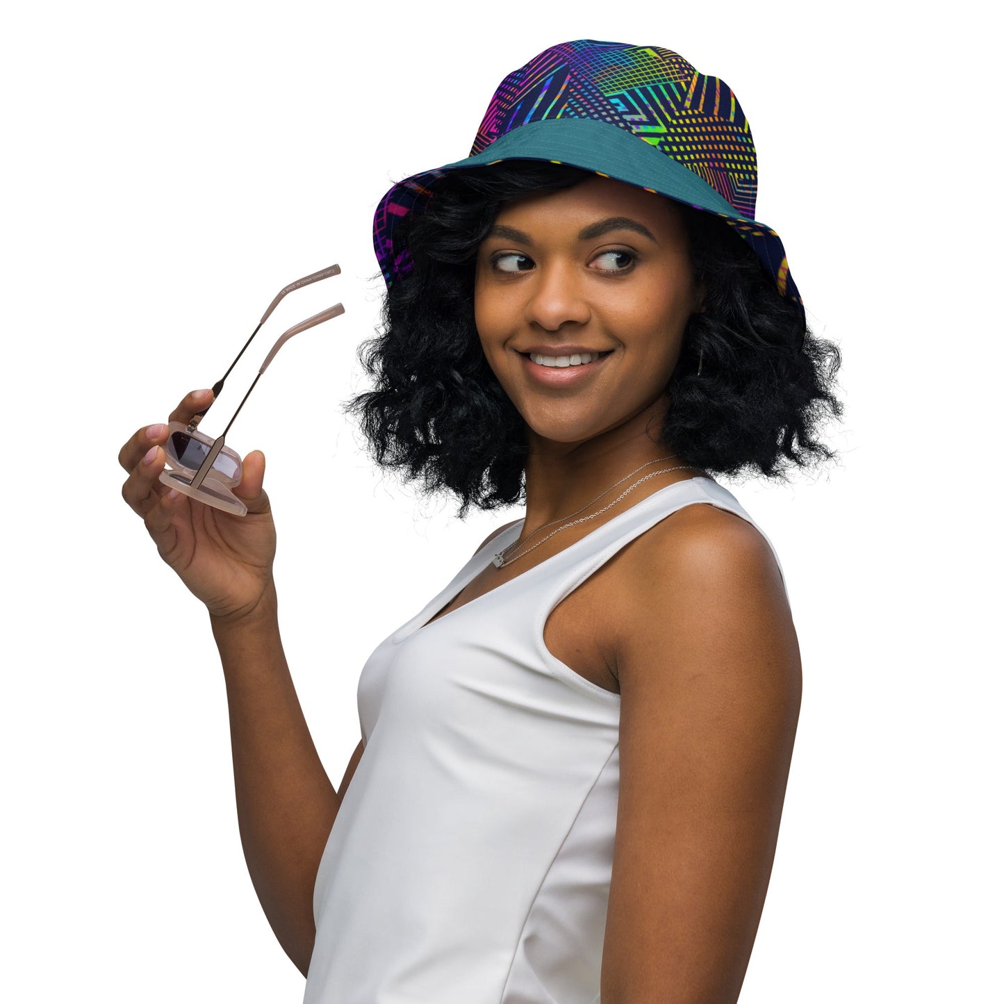 Reversible bucket hat geometric colorful lines with green on reverse design no. 1