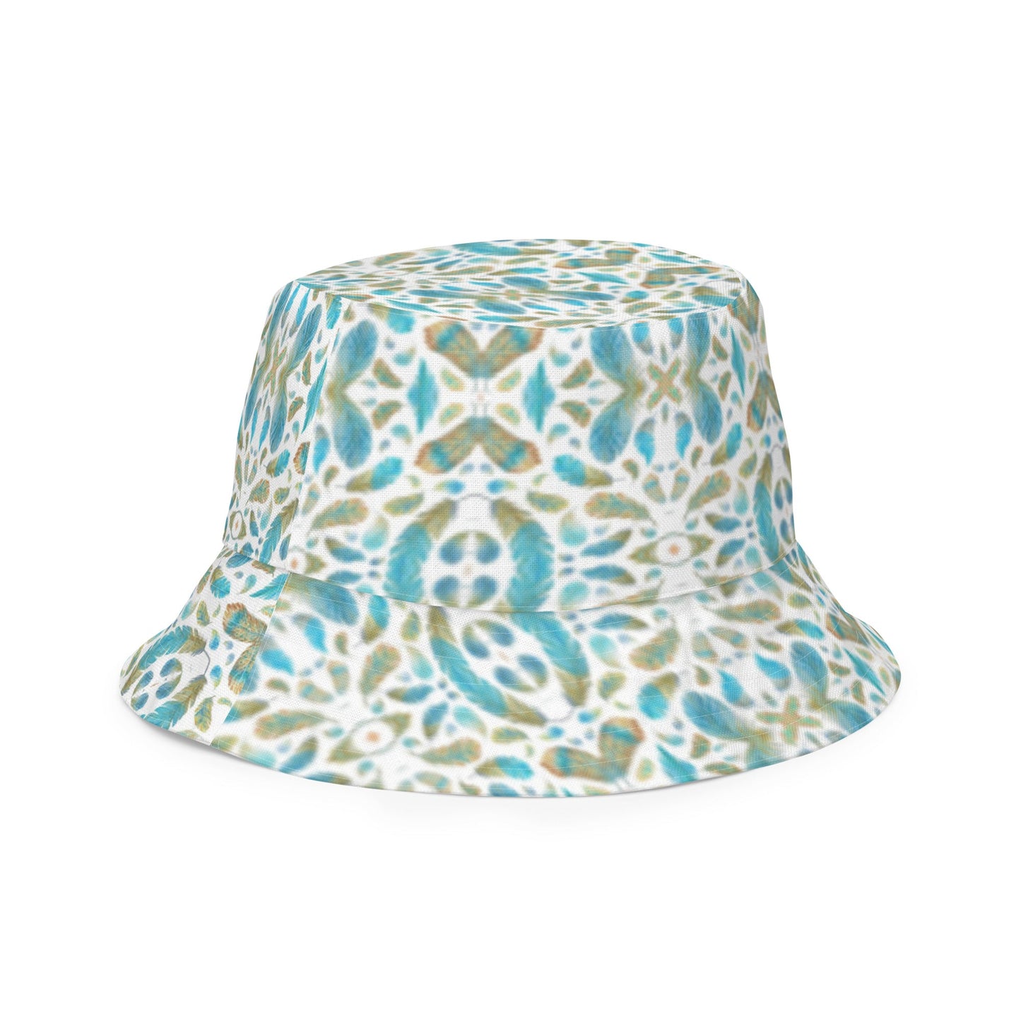 Reversible bucket hat spring green leaves with feathers on reverse design no. 1