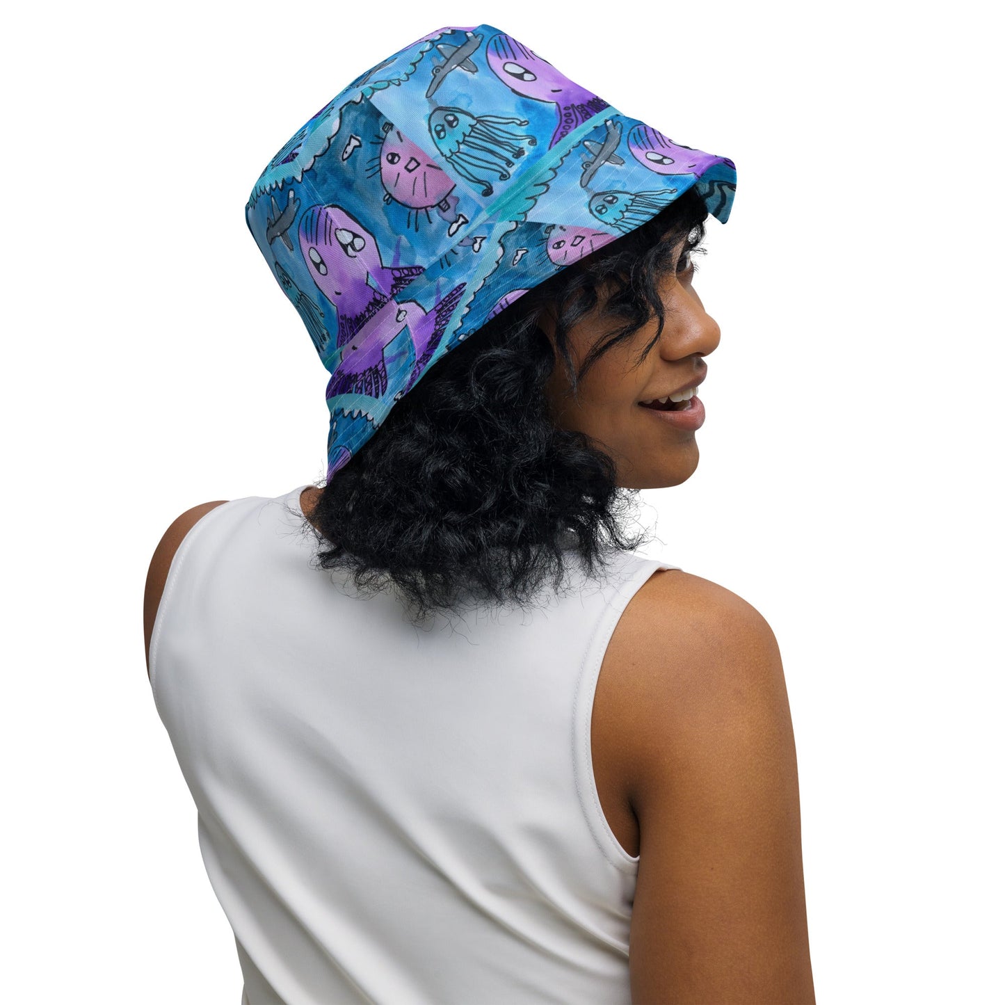 Reversible bucket hat hand painted design under the sea design No. 1 both sides same deaign