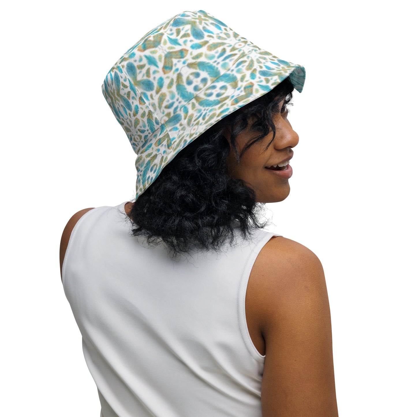 Reversible bucket hat spring green leaves with feathers on reverse design no. 1
