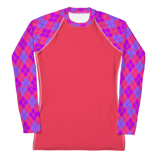 Women's Rash Guard Colorful Design with purple and orange argyle sleeves