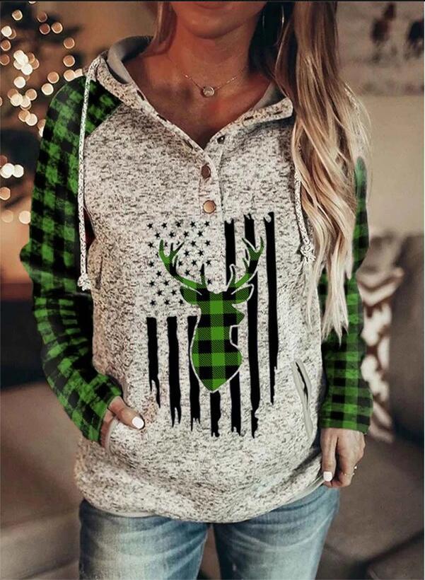 Cute and cozy Long sleeve pullover - Hooded Loose Fleece Sweater Plaid Printed pullover