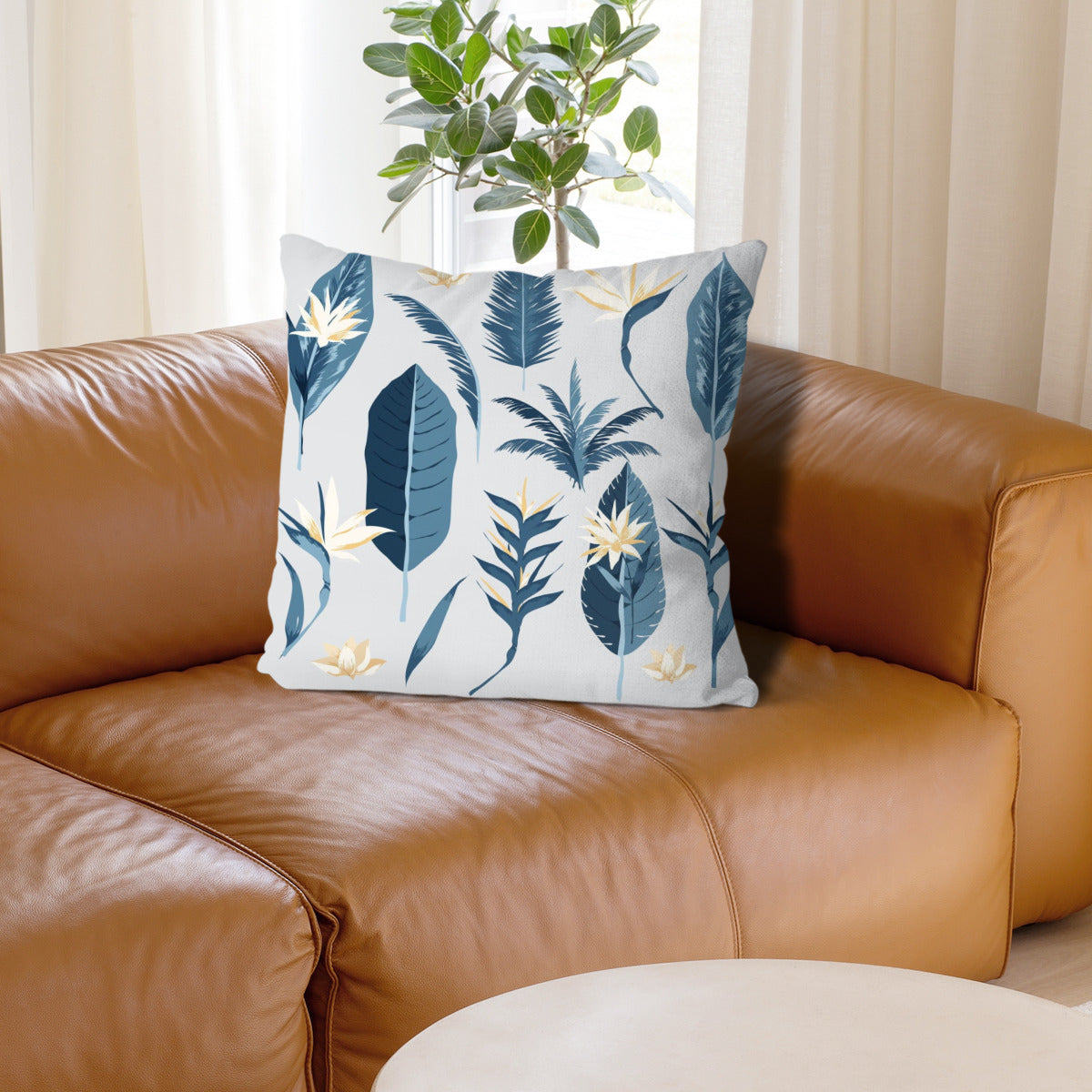 Throw Pillow - Hand-painted leaves blue and gold
