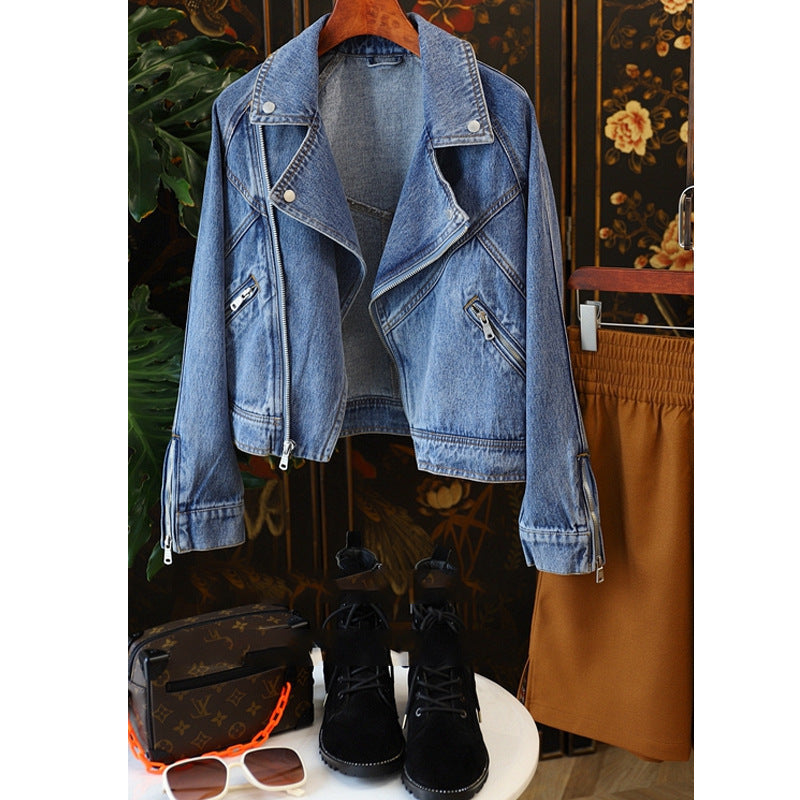 Denim Women’s Jacket - Large Lapel Long-sleeve Zipper Locomotive Style Denim Coat Jacket