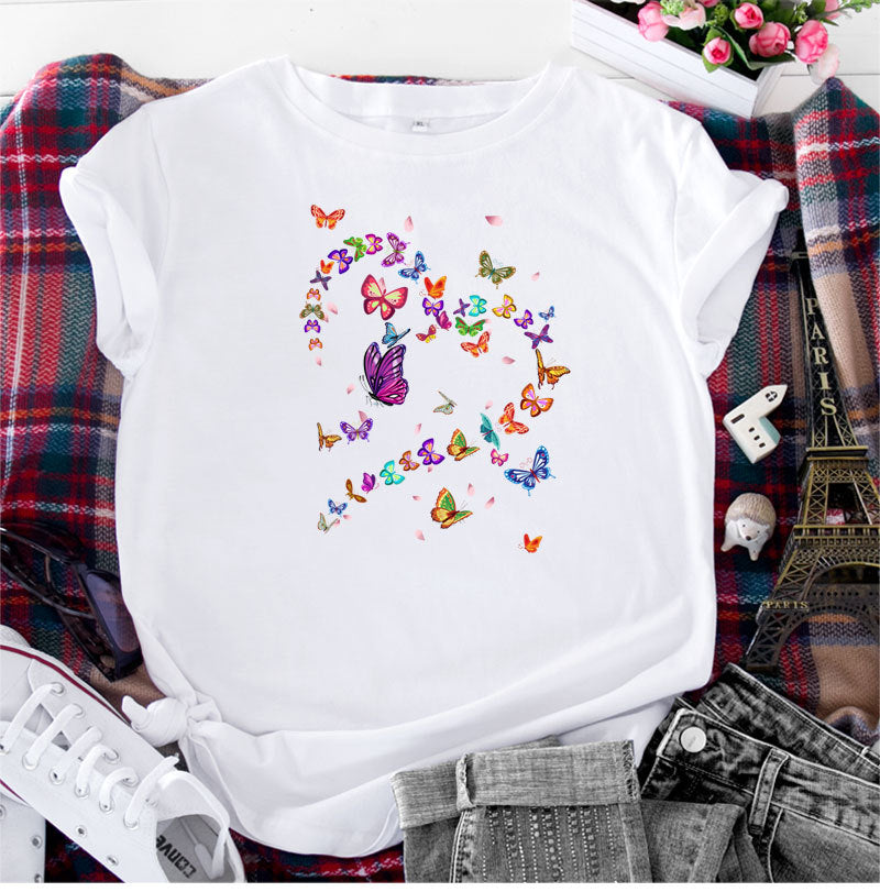 Women’s Tshirt - Women's Fashionable Simple Heart Butterfly Printed Round Neck Short Sleeve T-shirt