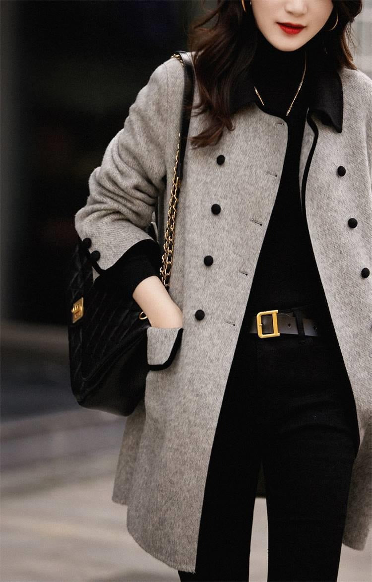 Women’s Jacket - Casual Contrast Color Peter Pan Collar Woolen Coat