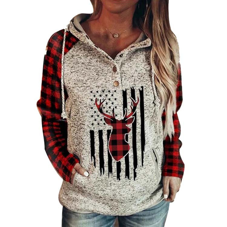 Cute and cozy Long sleeve pullover - Hooded Loose Fleece Sweater Plaid Printed pullover