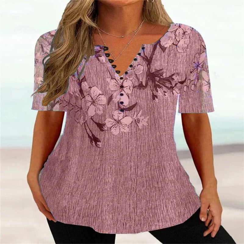 Women’s Shirt - Summer Loose V-neck Short Sleeve Pleated Button Shirt For Women