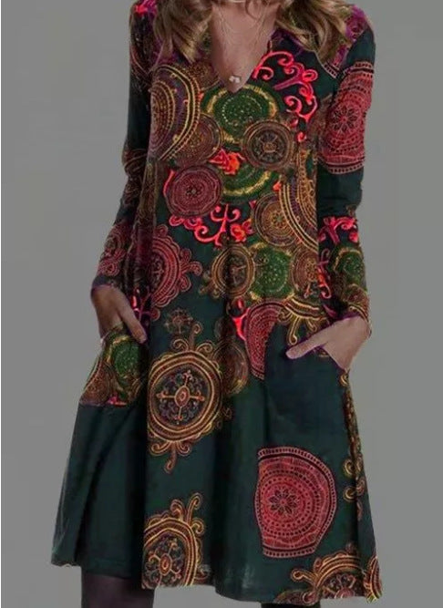 Women’s Dress - Autumn New Printed Pocket Dres
