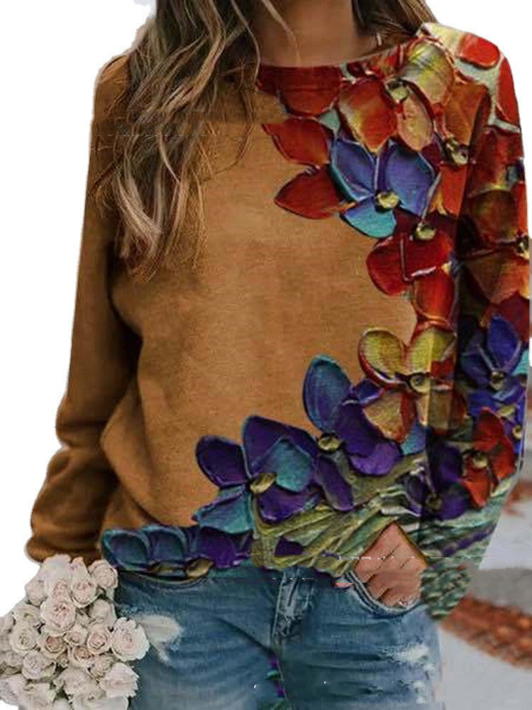 Women’s Long sleeve Tshirt -  Urban Casual Colorful Printed Long Sleeve Round Neck Pullover T-shirt