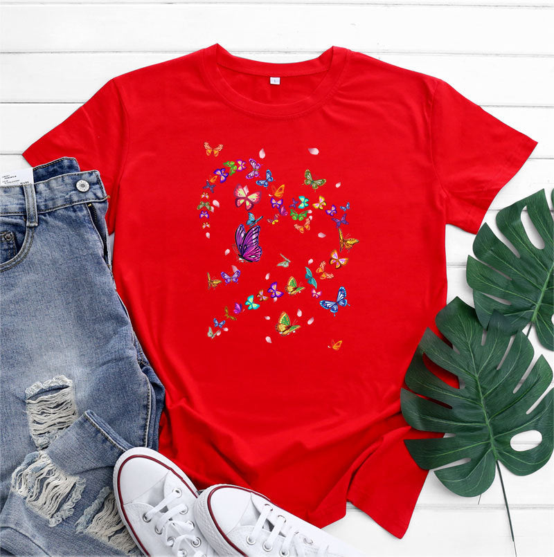Women’s Tshirt - Women's Fashionable Simple Heart Butterfly Printed Round Neck Short Sleeve T-shirt