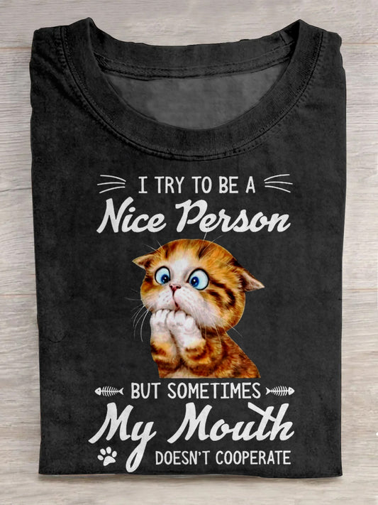 Cat Funny Word Crew Neck T-shirt