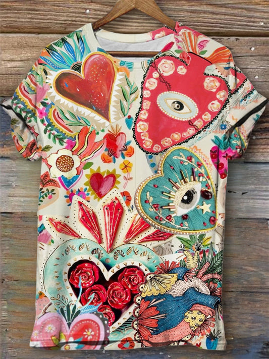 Abstract Heart Print Short Sleeve Crew Neck T-Shirt