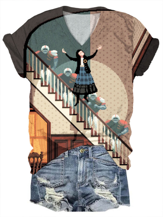 Art Print V-Neck Short Sleeve T-Shirt