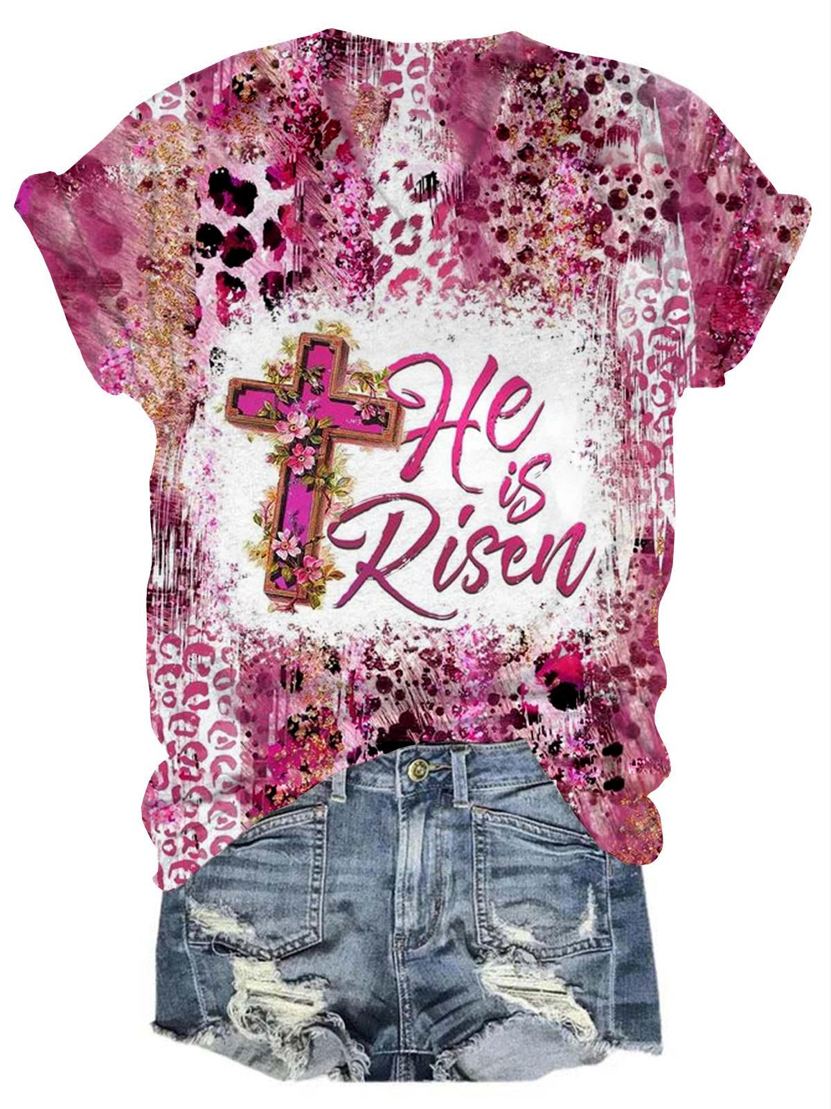 He Is Risen Christian LeopardCross V-Neck T-Shirt