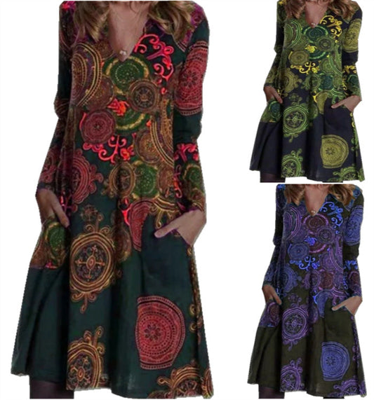 Women’s Dress - Autumn New Printed Pocket Dres