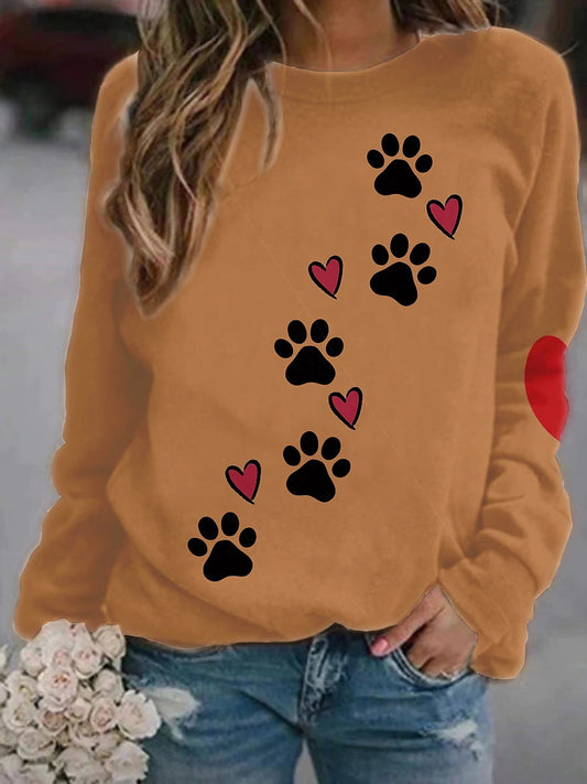 Women’s Long sleeve Tshirt - Women's Fashion Casual Dog Paw Element Printing Long Sleeve Crew Neck Sweater