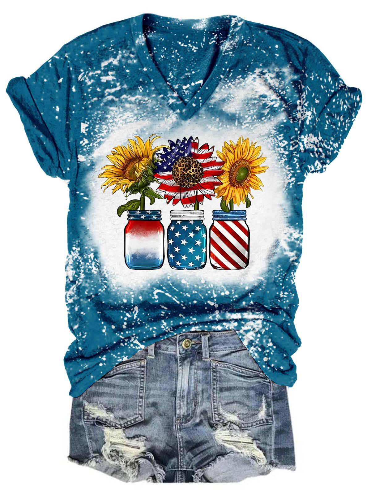 American Flag Sunflower In Jars Tie Dye V Neck T-Shirt