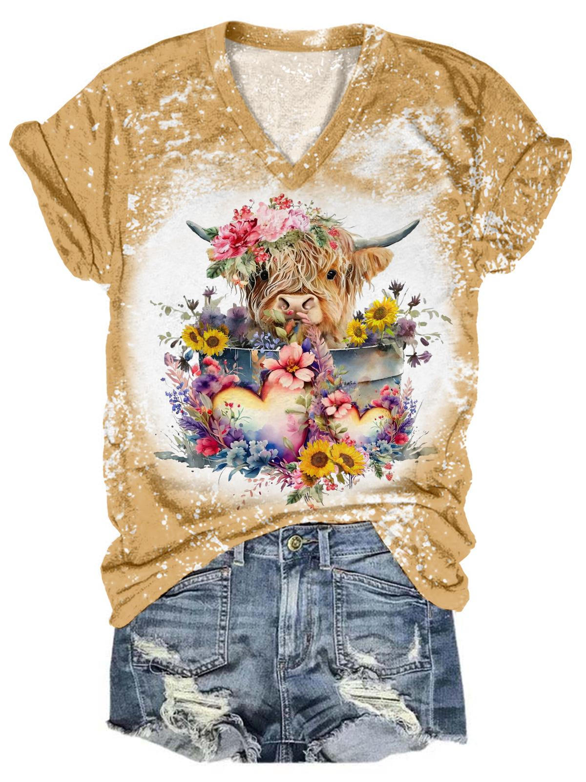 Heart Floral Highland Cow V-Neck Tie Dye T-Shirt