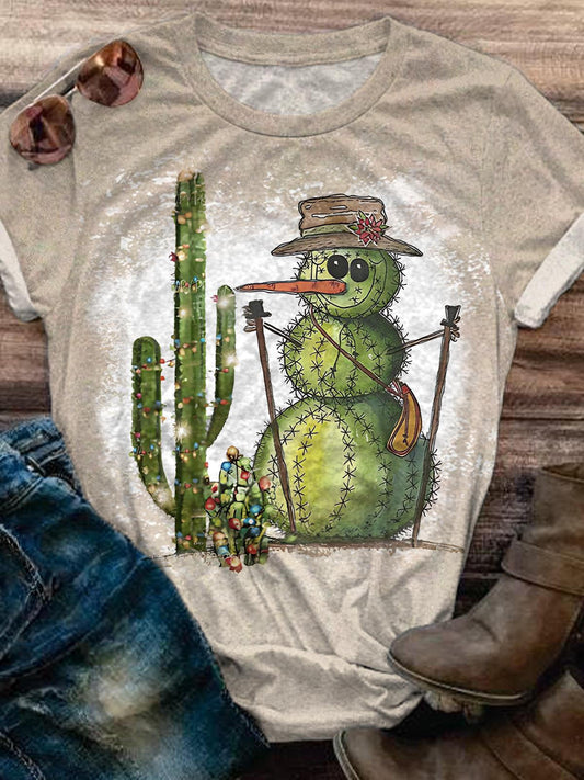 Cactus Snowman Tie dye Print Crew Neck T-Shirt